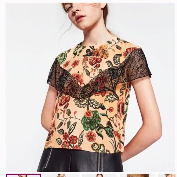 Zara Floral Blouse with Black Lace - Picture 1 of 9